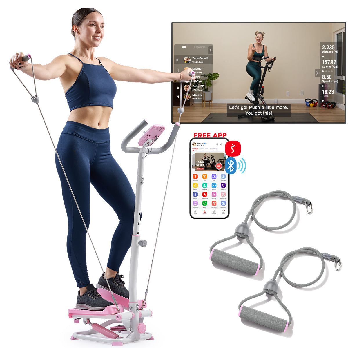 Pink Smart Advanced Stair Exercise Stepper with Handlebar and Resistance Bands - Sunny Health & Fitness