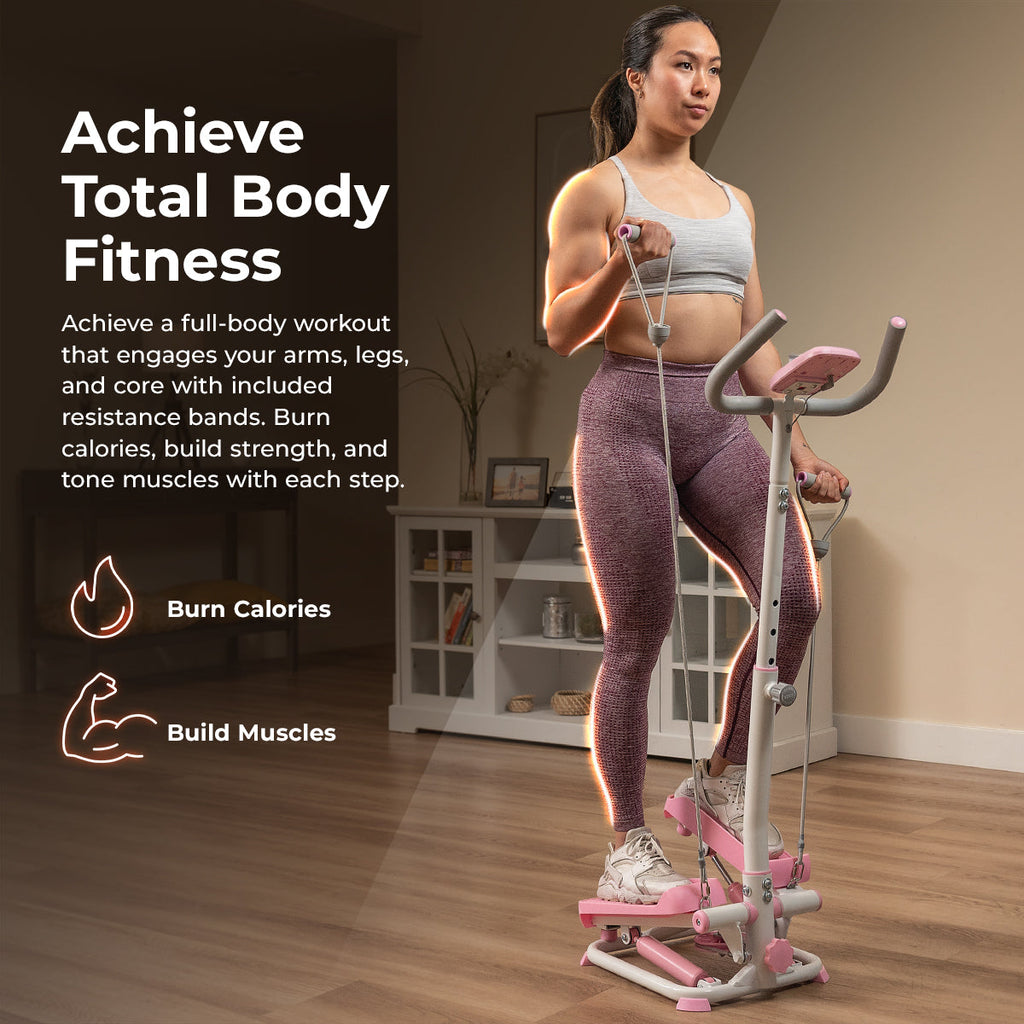 Pink Smart Advanced Stair Exercise Stepper with Handlebar and Resistance Bands - Sunny Health & Fitness