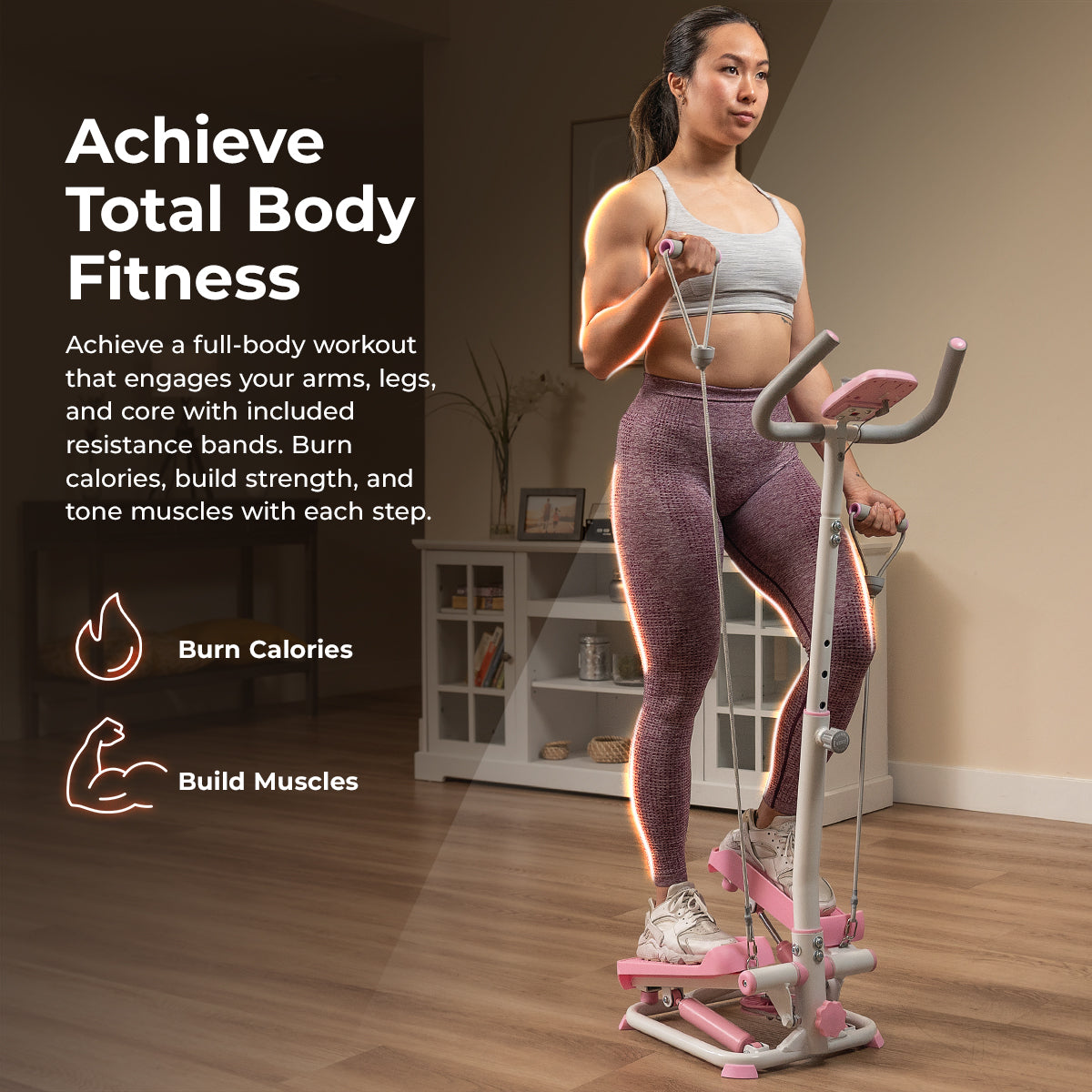 Pink Smart Advanced Stair Exercise Stepper with Handlebar and Resistance Bands - Sunny Health & Fitness