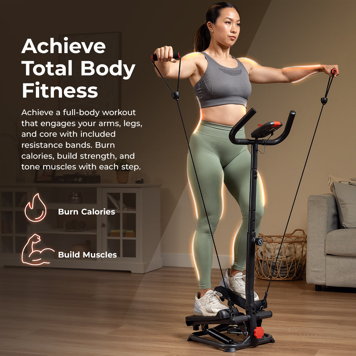 Smart Advanced Stair Exercise Stepper with Handlebar and Resistance Bands - Sunny Health & Fitness