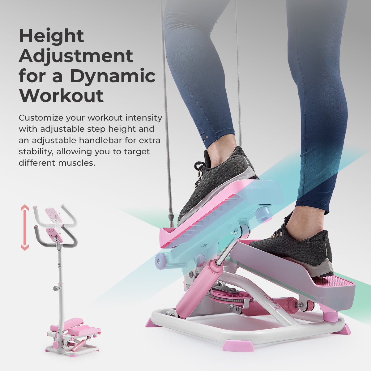 Pink Smart Advanced Stair Exercise Stepper with Handlebar and Resistance Bands - Sunny Health & Fitness