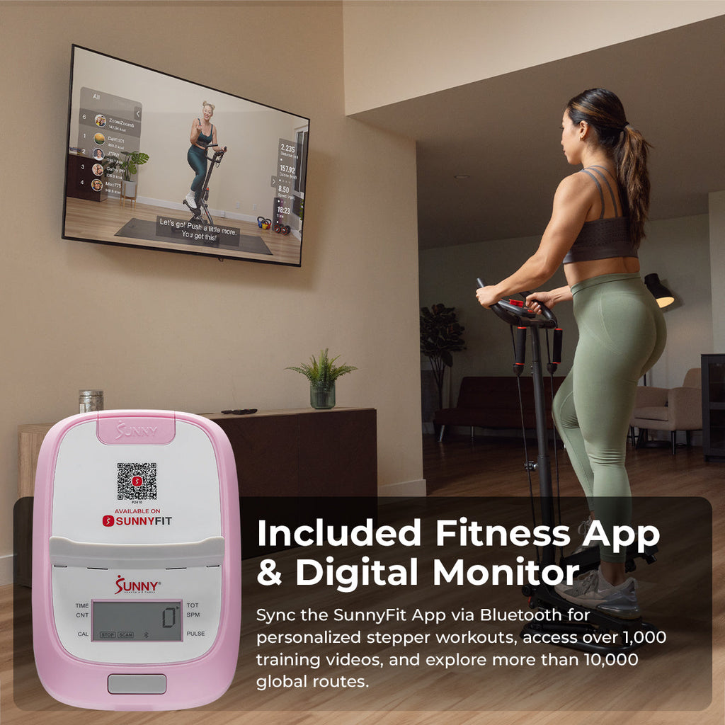 Pink Smart Advanced Stair Exercise Stepper with Handlebar and Resistance Bands - Sunny Health & Fitness