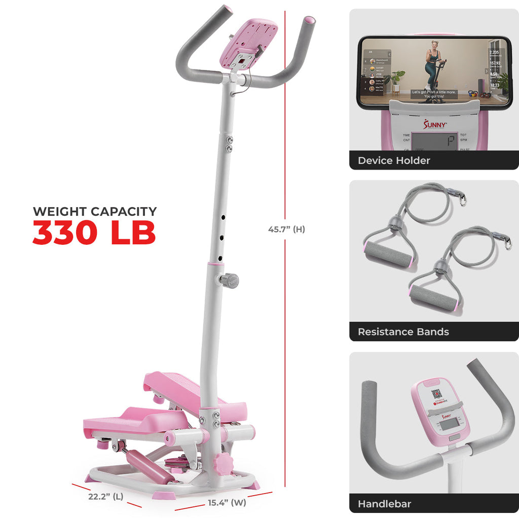 Pink Smart Advanced Stair Exercise Stepper with Handlebar and Resistance Bands - Sunny Health & Fitness