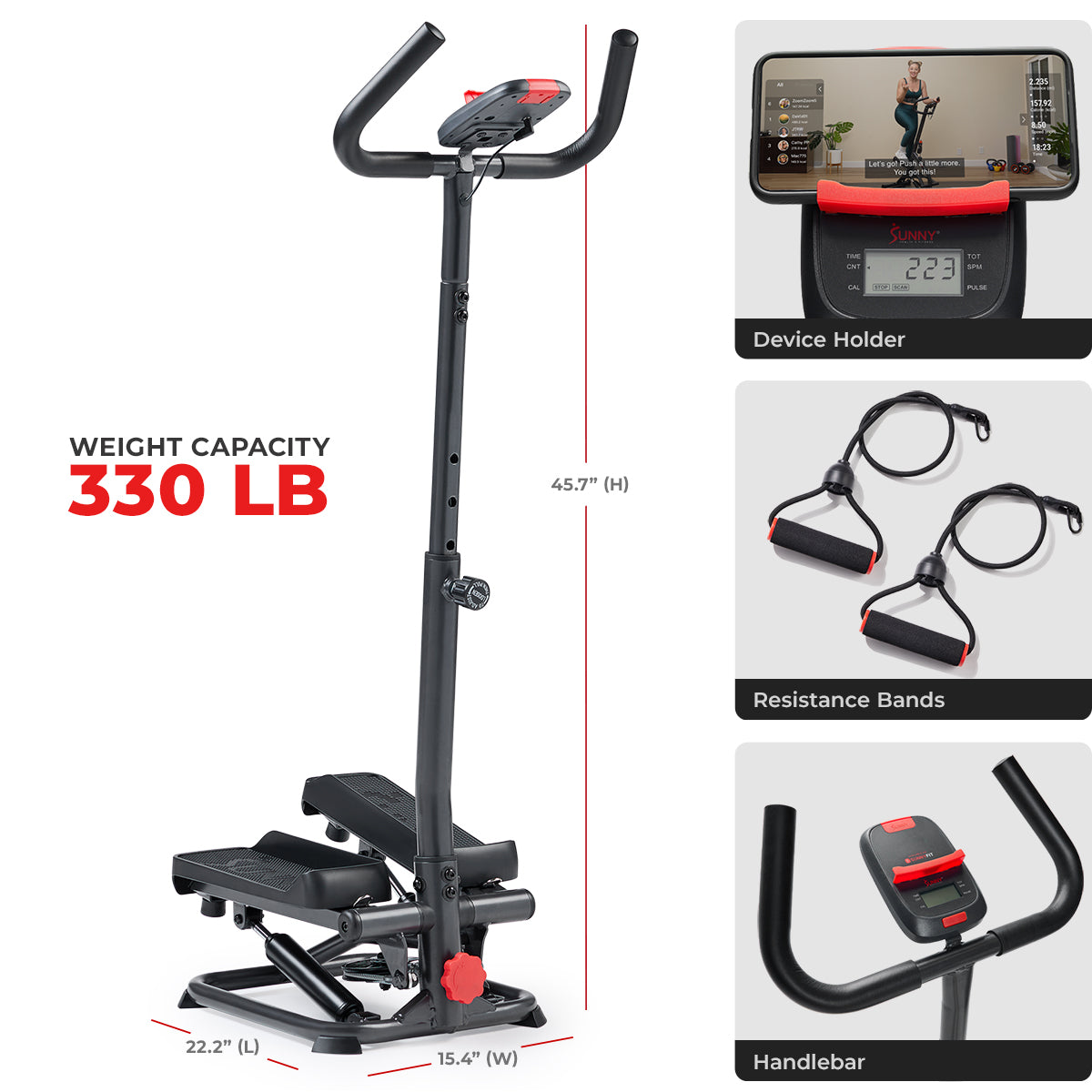 Smart Advanced Stair Exercise Stepper with Handlebar and Resistance Bands - Sunny Health & Fitness
