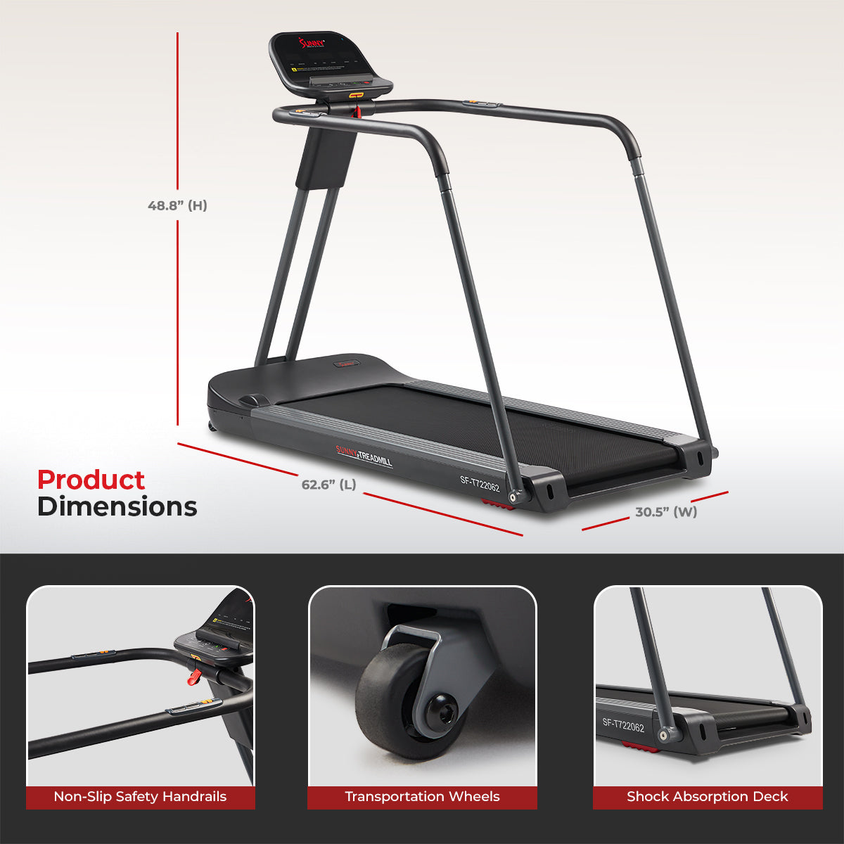 Smart Motorized Treadmill with Handrails - Sunny Health & Fitness