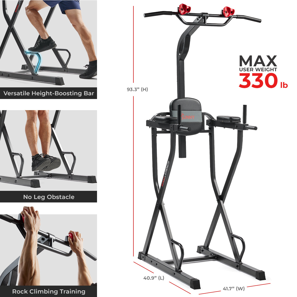 Multifunctional & Adjustable Height Power Tower With Rock-Climbing Grip - Sunny Health & Fitness